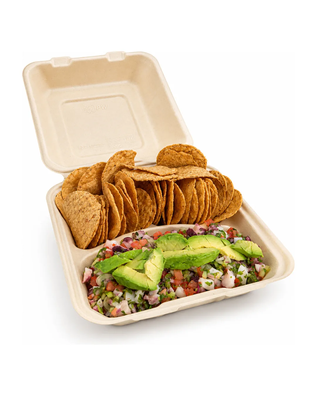 Octopus ceviche with avocado, served with tortilla chips in an open compostable box