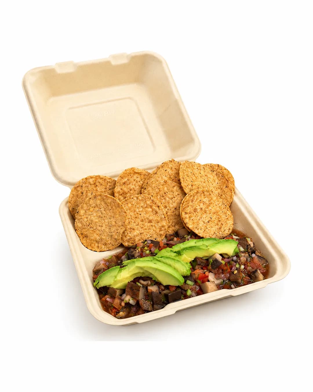 Portobello mushroom ceviche with avocado, served with tortilla chips in an open compostable box