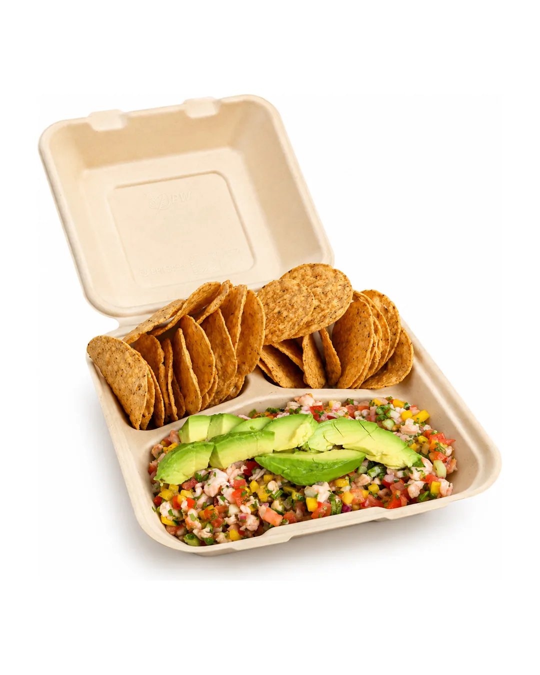 Shrimp ceviche with mango and avocado, served with tortilla chips in an open compostable box